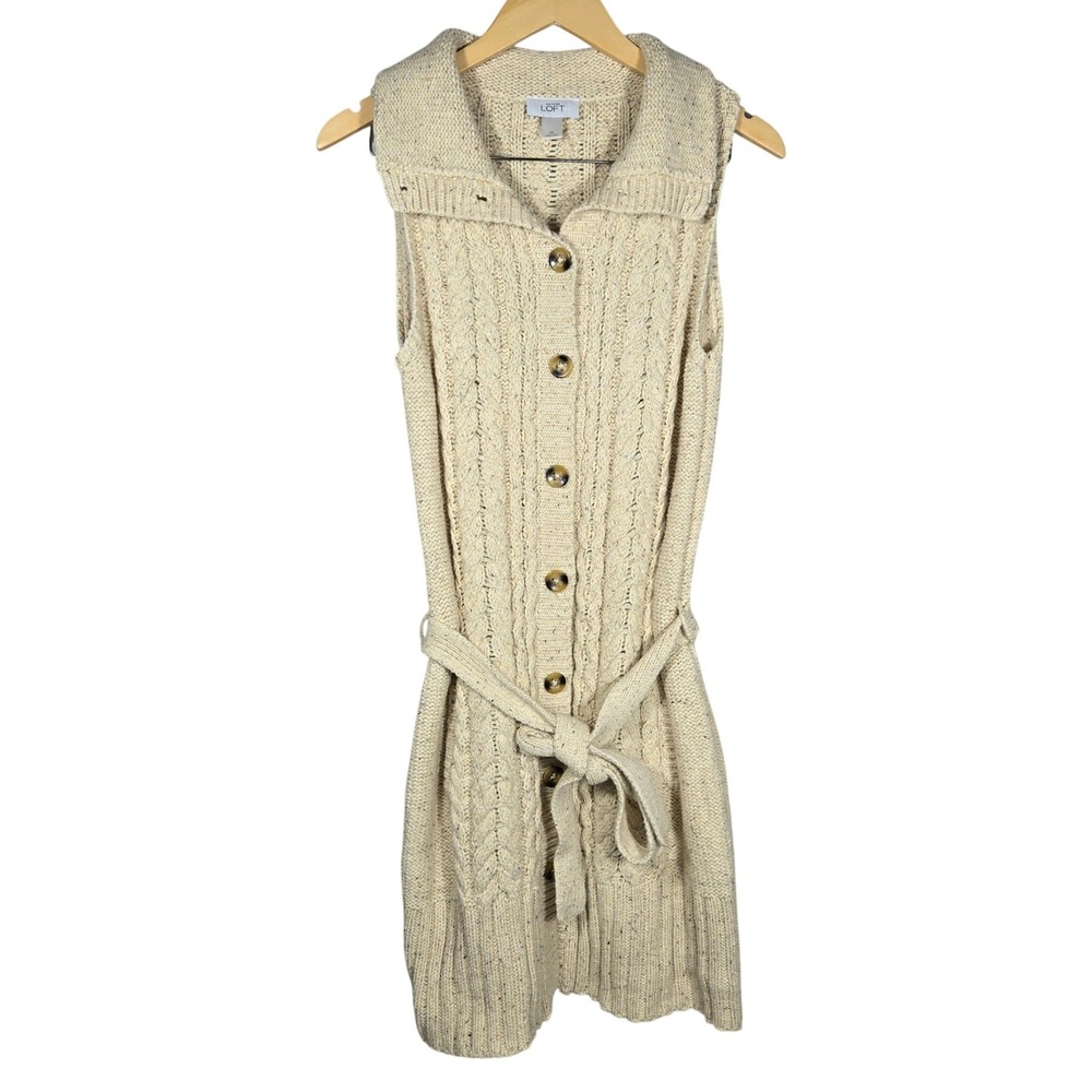Ann Taylor LOFT Cream Cable Knit Long Sleeveless Cardigan Vest Belted Medium